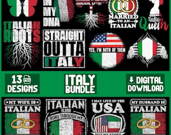 イタリアPNGバンドル｜イタリアの誇りをテーマにした13種類のデザイン｜昇華プリント用クリップアート｜シャツ用のイタリア語の引用句｜デジタルダウンロード