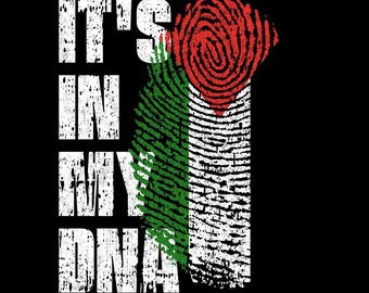 May include: Black graphic design with the text "IT'S IN MY DNA" in white block letters. A fingerprint design in red, green, and white, resembling a flag, is on the right side of the image.