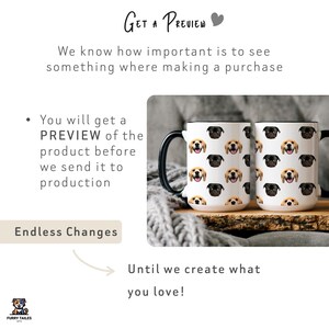 May include: Two white ceramic mugs with black handles. Both mugs feature a repeating pattern of dog faces, including pugs and golden retrievers. The text "Get a Preview" is at the top of the image. The text "You will get a PREVIEW of the product before we send it to production" is on the left side of the image. The text "Endless Changes" is at the bottom left of the image. The text "Until we create what you love!" is at the bottom right of the image.