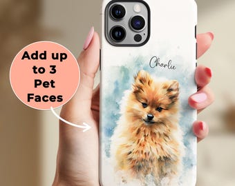 May include: White phone case featuring a watercolor painting of a Pomeranian dog with the name "Charlie" in script. The case has a light blue and white background. Text on the left says "Add up to 3 Pet Faces".