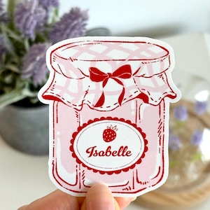 Custom Name Coquette Jam Jar Sticker, Strawberry  Handrawn, Pinterest Aesthetic, Personalized Gift, Water Resistant and Smudge Proof
