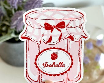 Benutzerdefinierte Name Coquette Marmeladenglas Aufkleber, Erdbeere handgezeichnet, Pinterest Ästhetik, personalisiertes Geschenk, wasserfest und wischfest