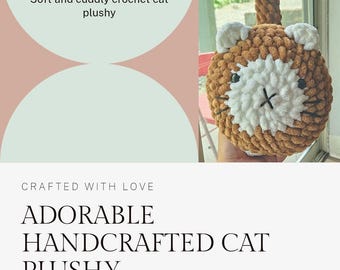 Handmade Chunky Cat Plushie: Soft White & Brown Yarn