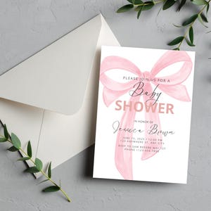 Editable Baby Shower Invitation | Pink Bow Baby Shower Invitation | Digital Download Template | Instant Printable Girl Shower Invitation
