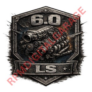 以下が含まれることがあります： グレーと黒の色合いで描かれた6.0 LSエンジンの詳細なイラスト。シールド型の背景に配置され、「6.0」のテキストが上部に、「LS」が下部に、星のアクセントが施されています。