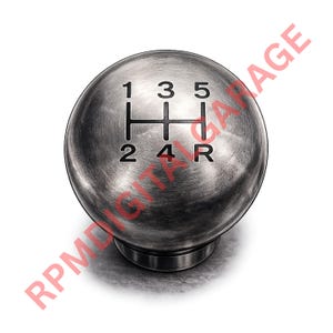 May include: A silver gear stick knob with the numbers 1, 2, 3, 4, 5, and R printed in black. The gear pattern is in an H-shape. The knob has a brushed metal appearance and a black base. Ideal for car enthusiasts.