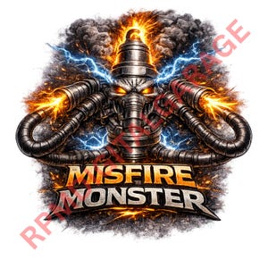 May include: An illustration of a mechanical monster with fiery accents and glowing orange eyes. The design features a metallic head with tubes and a central structure, surrounded by lightning and smoke. The text "MISFIRE MONSTER" is prominently displayed.