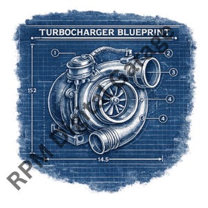 May include: A blue and white blueprint of a turbocharger with the text "TURBOCHARGER BLUEPRINT". The blueprint shows the turbocharger's components and dimensions, with a width of 36.8 cm and a height of 386.1 cm.
