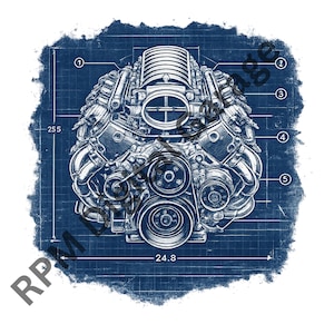 Op de afbeelding: Blauwdruk-achtige illustratie van een motor, wit op een blauwe rasterachtergrond. De motor is gedetailleerd met verschillende componenten en genummerd. Afmetingen: 64,77 cm en 62,99 cm.