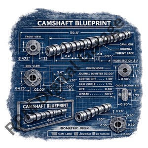 May include: A blue blueprint illustration of a camshaft, with detailed diagrams and measurements. The text "CAMSHAFT BLUEPRINT" is displayed. Includes front, end, and isometric views. Measurements are in inches, e.g., 59.8 inches.