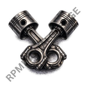 May include: Illustration of two crossed engine pistons, rendered in shades of gray and silver. The pistons are detailed with rings and pin holes, suggesting a mechanical or automotive theme. The image is set against a white background.