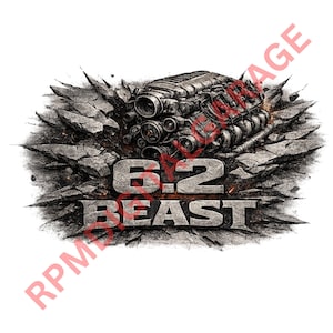 Puede incluir: Ilustración detallada de un motor 6.2, con el texto "6.2 BEAST", rompiendo una pared de piedra. El motor está representado en tonos grises y negros, con intrincados detalles mecánicos. El texto es en negrita.