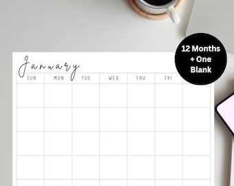 May include: A white monthly calendar with the month of January written in cursive. The days of the week are listed across the top. A black circle in the upper right corner reads "12 Months + One Blank". A cup of coffee and a laptop are in the background.