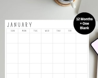 May include: A white monthly calendar with the month of January displayed. The days of the week are listed across the top. A black circle with the text "12 Months + One Blank" is in the upper right corner. A cup of coffee and a laptop are in the background.