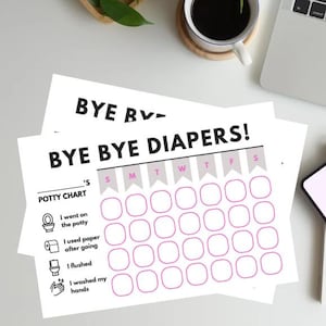 以下が含まれることがあります： 「BYE BYE DIAPERS！」の文字と進捗を追跡するためのグリッドが特徴の、白いおむつはずしトレーニングチャート。 トイレの使用、紙の使用、水洗、手洗いなどのアクションのアイコンが含まれています。