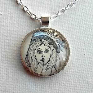 Oh My! - 1950&#39;s Ephemera Pendant - One of a Kind Handmade Vintage Art Necklace of a Line Drawing of Woman Hand Up with Flowers in Her Hair