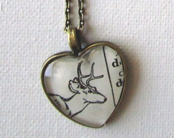 Oh My Deer - 70's Ephemera Pendant, Hand Made One of a Kind Heart and Deer Pendant, Hand Crafted Jewelry, OOAK, Cute Romantic Jewelry, Chain