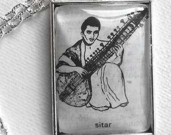 Sitar - Vintage Ephemera Pendant - One of a Kind Hand Made Pendant With Vintage Ephemera, OOAK Unique Musician Gift, Man Playing a Sitar