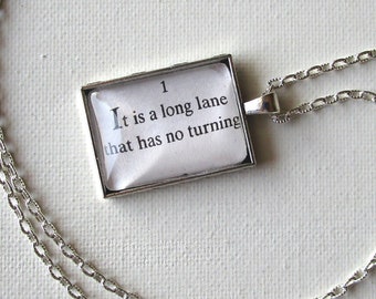 It is a Long Lane That Has No Turning- 70's Ephemera Pendant, Hand Made Recycled Book Pendant, One of a Kind Jewelry, Handmade Word necklace