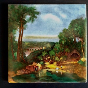 Decorative Tile  with Landscape with Dog in a Pond - Vintage Ceramic Decorative Tile or Trivet, Housewarming Gift, Country Decor, Classical