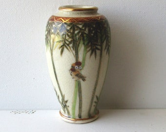 Vintage Mini Ceramic Bamboo and Bird Vase Hand Painted with Metallic Gold Accents