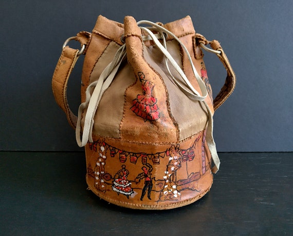 Vintage Brown Leather Bucket Bag With Drawstring and Strap Leather Purse Green Lining Mexican Spanish Western Theme Flamenco Dancers Etsy