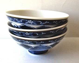Vintage Set of 3 Blue and White Floral Rice Soup Bowls - Chinese Ceramic Porcelain, Small Soup Bowls, Pretty Glazed Ceramic Dishes, Cobalt