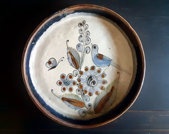 Blue Bird Vintage Tonalá Plate, marked by Ken Edwards,  Mexican Pottery, Classic Ken Edwards Stoneware, Bird and Butterfly Design, Handmade