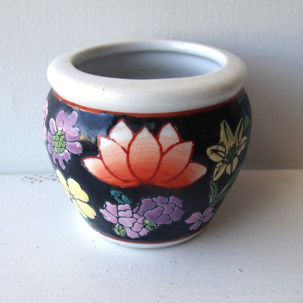 Vintage Small Famille Noire Ceramic Flower Pot with Floral Design