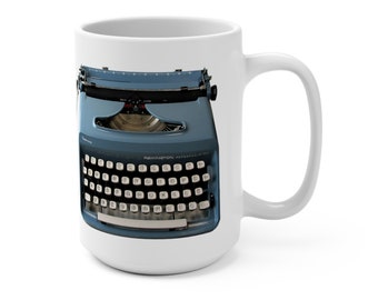 Remington Typewriter Coffee Mug 15oz, Blue Typewriter on White Cup, Ceramic Mug with Handle, Manual Typewriter, Original Type Writer Design