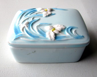 Vintage Baby Blue Ceramic Lidded Trinket Box White Iris design