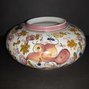 Vintage Hand Painted Floral Pattern Low Vase - Blue Green Red White - Made in Portugal, Hand Painted, Decorative, BoHo chic, Pretty Gift