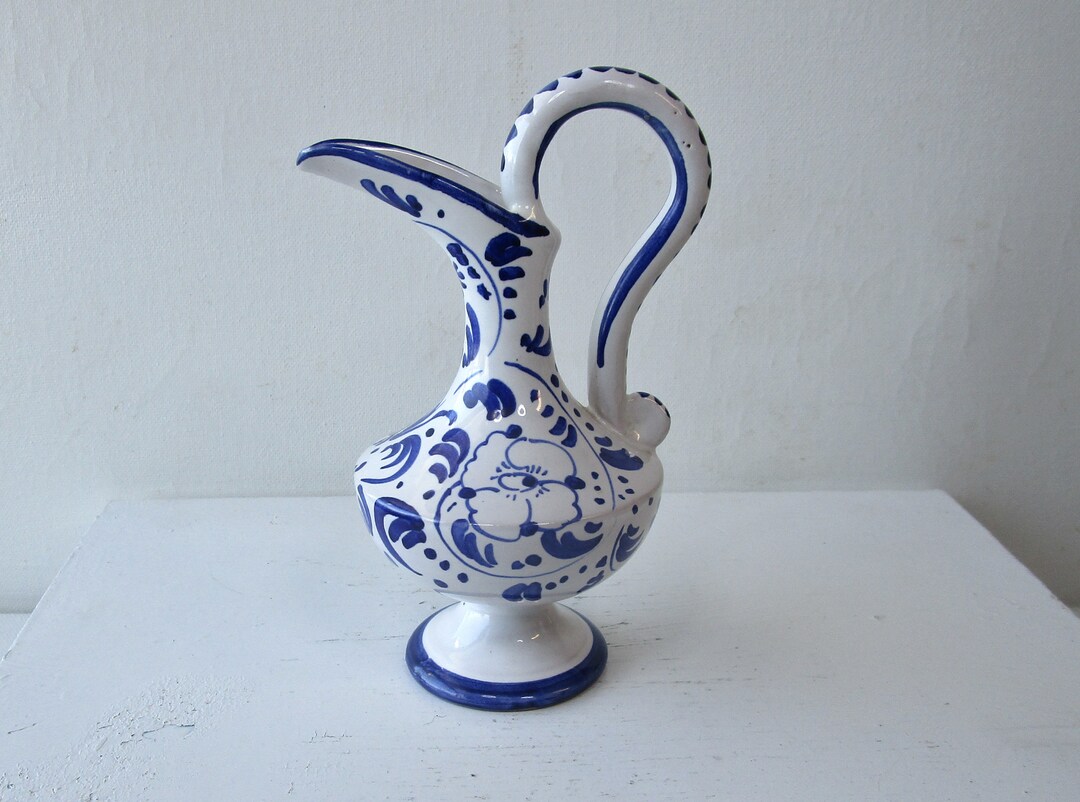 Vintage Blue and White Pitcher Vase Hand Painted Italy Etsy