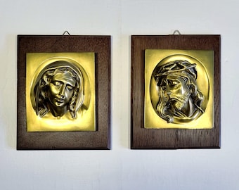 Vintage Brass Jesus and Mary Wall Relief Plaques mounted on Wood Bases, Religious Imagery, Set of Two Sculptures, Made in Western Germany