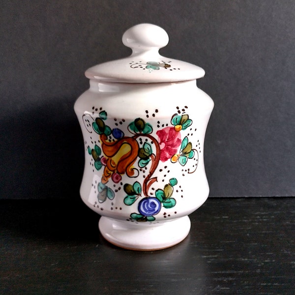 Vintage Small Italian Taormina Lidded Jar, Glazed ceramic Container with Floral Design, Jar with Flowers, Sicilian pottery from Taormina