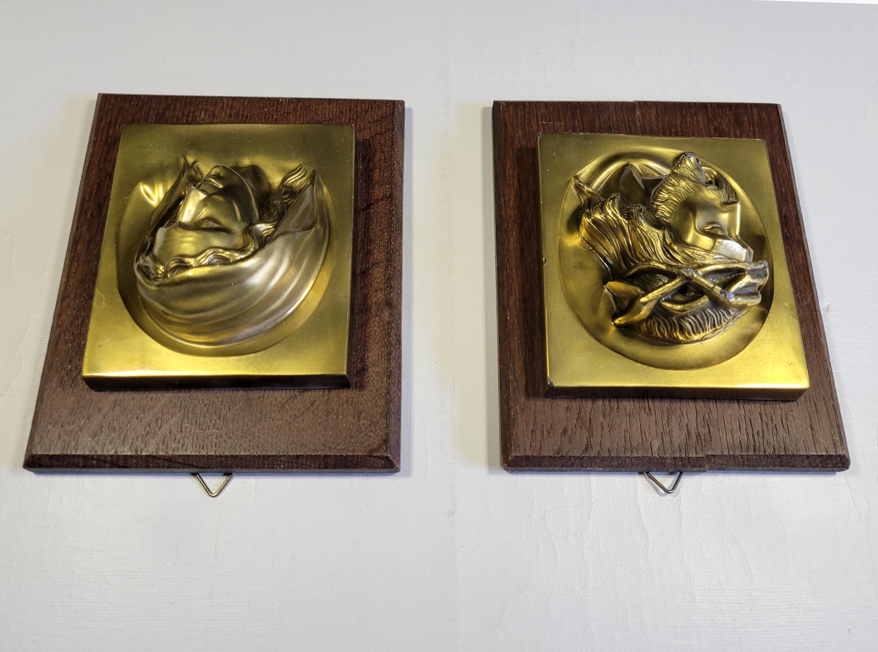 Vintage Brass Jesus and Mary Wall Relief Plaques Mounted on Wood