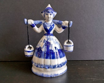 Vintage Blue and White Delft Milk Maid Bell Figurine, Dutch Milk Maid Bell, Cobalt Blue Details, with Windmill on Dress, Holland Souvenir