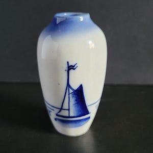 Vintage Small Glazed Ceramic Blue & White Vase with Sailboat Design, Cute Mini Vase, Delft Style, For Single Flower, Dollhouse, Collectible