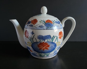 Vintage Glazed Ceramic Teapot - Blue, Red and White Lotus Waterlily Floral Design with Metallic Gold Accents, Made in China Williams Sonoma