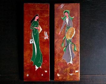 Vintage Wall Art, Lovely Ladies, Hand Painted Folk Art, Enamel Over Wood with Shell Inlay, Made in Vietnam, Cool Retro 1970's Vibe, Tiki Bar