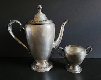 Silver Plate Coffee Pot and Sugar Bowl, Elegant Coffee Service Set, Metal Coffee or Tea Pot, Metal Silver Bowl, Tall Victorian Style Servers