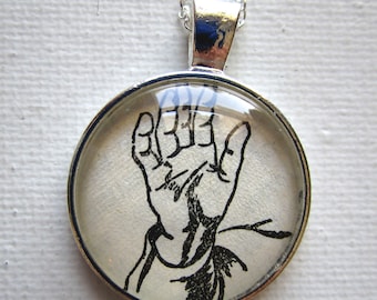 Talk to the Hand! - 70's Ephemera Pendant, One of a Kind Recycled Art Jewelry, Hand Made, OOAK Necklace, Hand Pendant, Hand Illustration Art