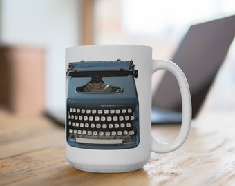 Remington Typewriter Coffee Mug 15oz, Blue Typewriter on White Cup, Ceramic Mug with Handle, Manual Typewriter, Original Type Writer Design