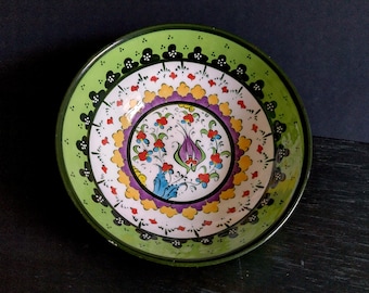 Turkish Bowl - Hand Painted  Cereal or Soup Bowl Floral Design, Glazed Ceramic Dinnerware, Mint Green, Yellow, Abstract Black, Purple Flower