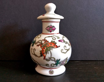 Vintage Floral Chinese Porcelain Lidded Bottle, Butterfly Design, Vinegar or Oil Vessel, Lift Off Lid, Pretty Ceramic Bottle, BoHo Chic