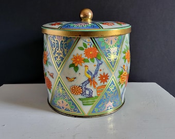 Vintage Daher Floral Design Tea Tin, Round Cylinder with Lift Off Lid - Made in England