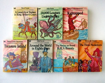Kids Illustrated Classic Editions: Around the World in 80 Days, 3 Musketeers, Treasure Island & more - 7 Vintage Softcover Books