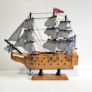 HMS Victory Tall Ship - Vintage Miniature Wooden Model Ship, Tabletop Nautical Decor