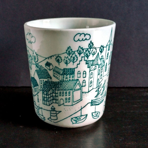 Vintage Village with Boats Limited Edition Nymolle Glazed Ceramic Art Tea Cup or Shot Glass - Made in Denmark, Green and White, Clean Design