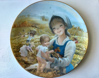 Vintage Juan Ferrandiz "Autumn's Blessing" Decorative Plate, Mother and Child with Grapes, Cute and Weird Collectable Plate, Uncanny Valley